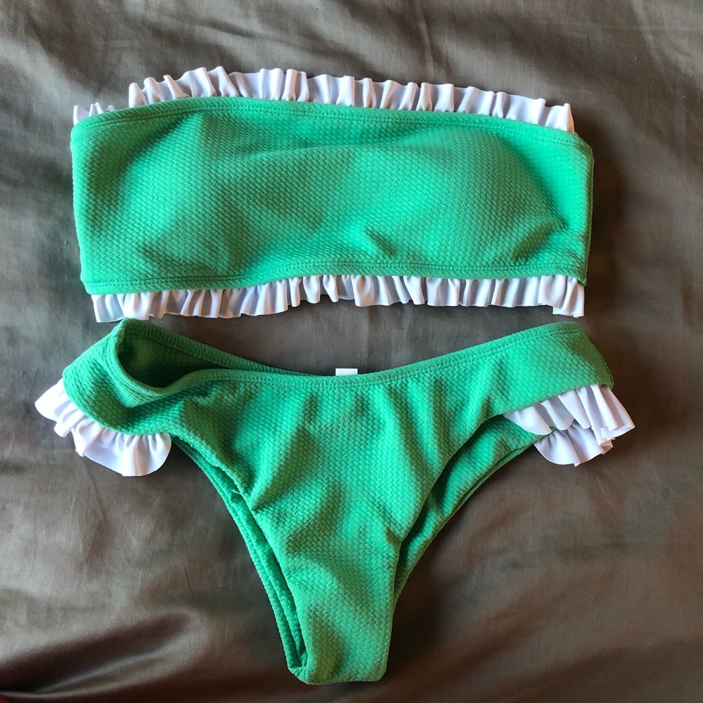 She in green ruffle bandeau bikini